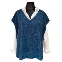 Kamizelka swetrowa damska z cekinami i pęczkami - ciemny turkus